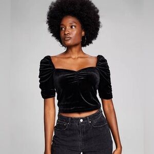 And Now This Sweetheart Neckline Ruched Sleeve Black Velvet Crop Top Size 0X NWT